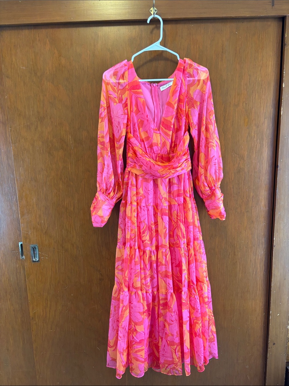Vibrant Pink & Orange Floral Long-Sleeve Maxi Dress